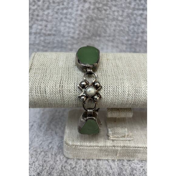 Silver Green Sea Glass & Pearl Link Bracelet 7.75" AS IS #65109 - Picture 2 of 6